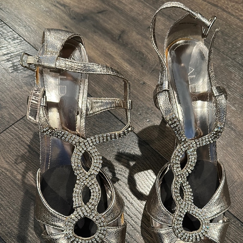Aldo Silver Strappy Heels with Rhinestone Embellishments